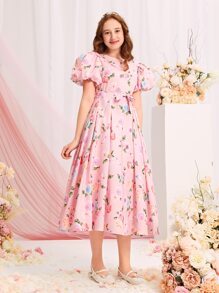 SHEIN 青少年女孩印花泡泡袖繫腰帶洋裝