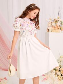 SHEIN Leap Crew 青少年女孩印花泡泡袖洋裝