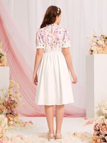 SHEIN Leap Crew 青少年女孩印花泡泡袖洋裝