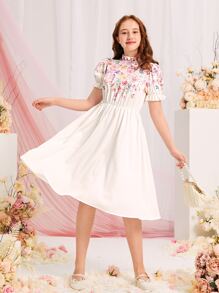 SHEIN Leap Crew 青少年女孩印花泡泡袖洋裝