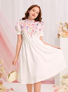 SHEIN Leap Crew 青少年女孩印花泡泡袖洋裝