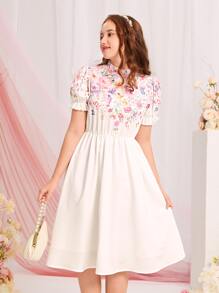 SHEIN Leap Crew 青少年女孩印花泡泡袖洋裝