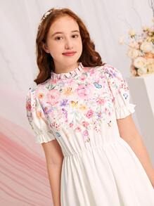 SHEIN Leap Crew 青少年女孩印花泡泡袖洋裝