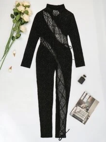 Mono con estampado de leopardo con abertura con cordón lateral de malla - Negro - Ver 3