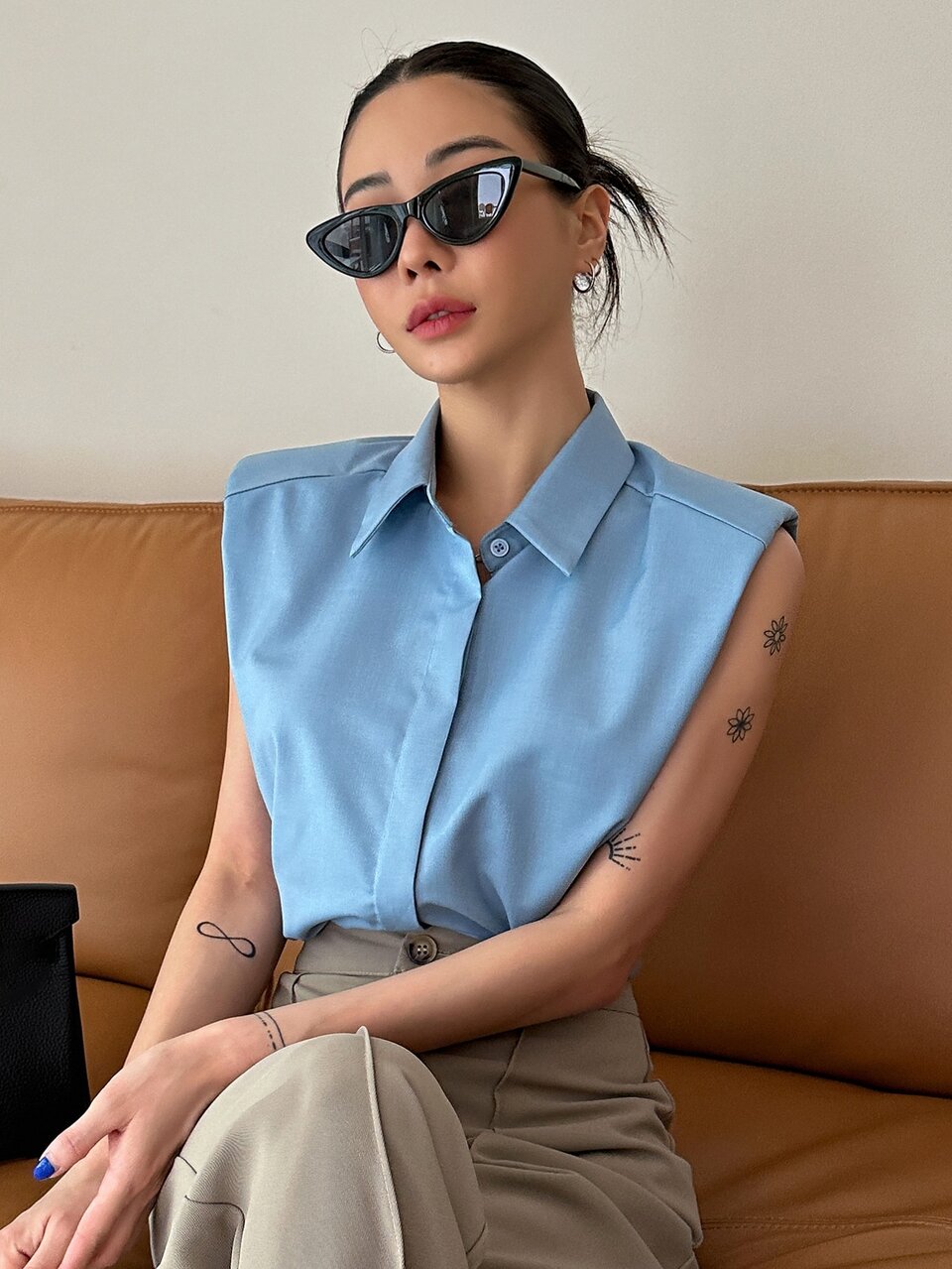 Solid Shoulder Pad Sleeveless Shirt Preppy Tops Going Out Tops