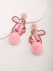 Rhinestone Rabbit & Pom Pom Decor Drop Earrings - Multicolor - View 1