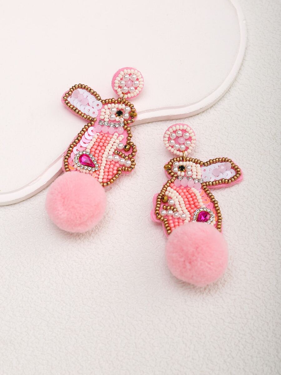Rhinestone Rabbit & Pom Pom Decor Drop Earrings - Multicolor - View 1