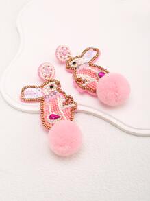 Rhinestone Rabbit & Pom Pom Decor Drop Earrings - Multicolor - View 2