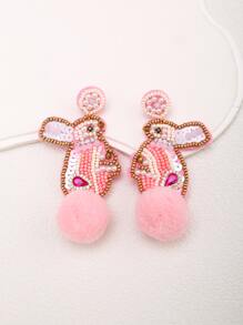 Rhinestone Rabbit & Pom Pom Decor Drop Earrings - Multicolor - View 5