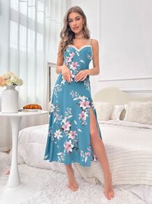 印花蕾絲邊吊帶睡裙