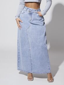 SHEIN SXY Váy denim nữ Nút Túi Dây kéo màu trơn - Rửa nhẹ - Xem 1