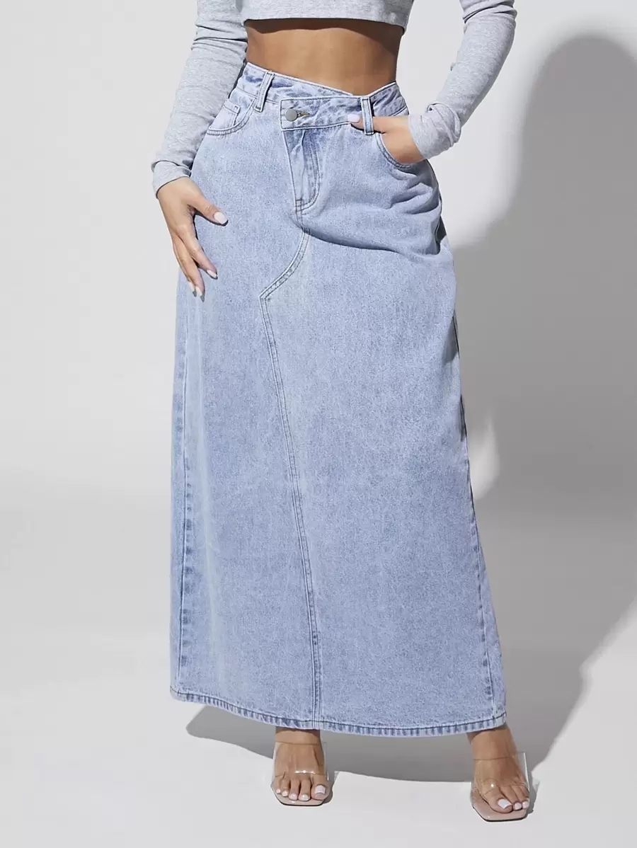 SHEIN SXY Váy denim nữ Nút Túi Dây kéo màu trơn - Rửa nhẹ - Xem 1