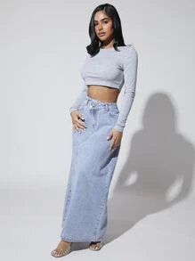 SHEIN SXY Váy denim nữ Nút Túi Dây kéo màu trơn - Rửa nhẹ - Xem 3