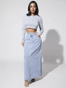 SHEIN SXY Váy denim nữ Nút Túi Dây kéo màu trơn - Rửa nhẹ - Xem 4