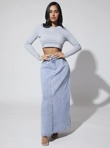 SHEIN SXY Váy denim nữ Nút Túi Dây kéo màu trơn - Rửa nhẹ - Xem 6