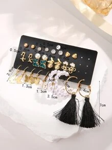 34入组/套流蘇和人造珍珠裝飾耳環 - 金黃色 - 查看 3