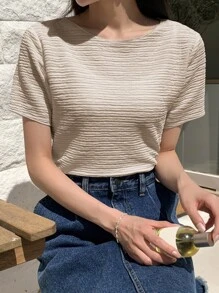 DAZY 圓領紋理質感T恤 - 杏色 - 查看 1