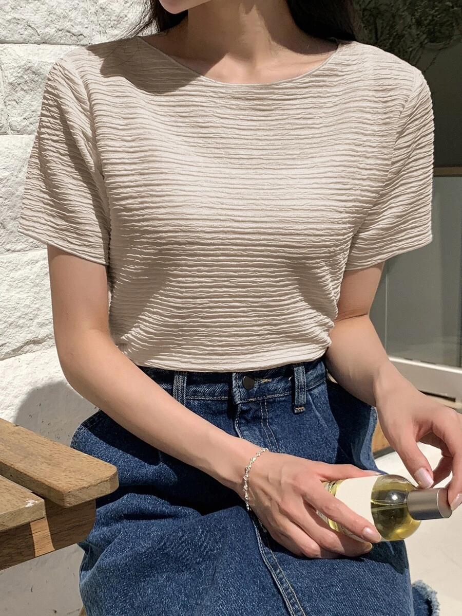 DAZY 圓領紋理質感T恤 - 杏色 - 查看 1