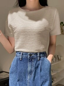 DAZY 圓領紋理質感T恤 - 杏色 - 查看 3