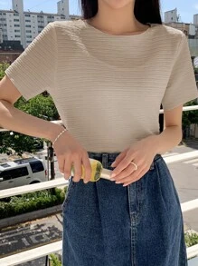 DAZY 圓領紋理質感T恤 - 杏色 - 查看 6