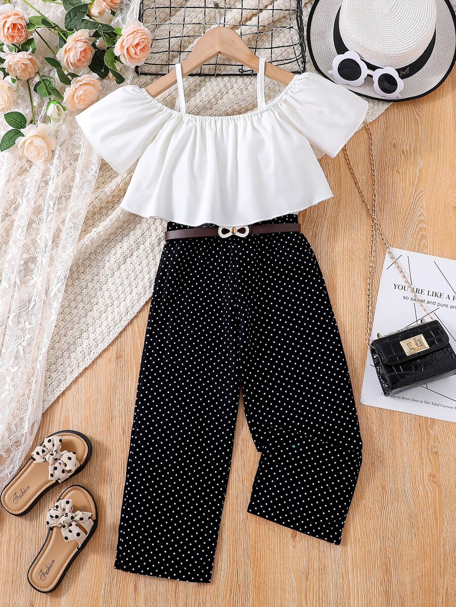 Jumpsuit bé gái Xù 2 trong1 Chấm bi Boho - Đen và trắng - Xem 1