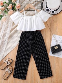 Jumpsuit bé gái Xù 2 trong1 Chấm bi Boho - Đen và trắng - Xem 2