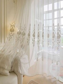 1pc Floral Embroidered Sheer Panel Curtain, European Style Polyester Light Filtering Privacy Sheer Curtain For Home