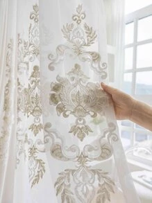 1pc Floral Embroidered Sheer Panel Curtain, European Style Polyester Light Filtering Privacy Sheer Curtain For Home