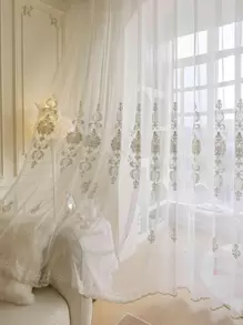 1pc Floral Embroidered Sheer Panel Curtain, European Style Polyester Light Filtering Privacy Sheer Curtain For Home