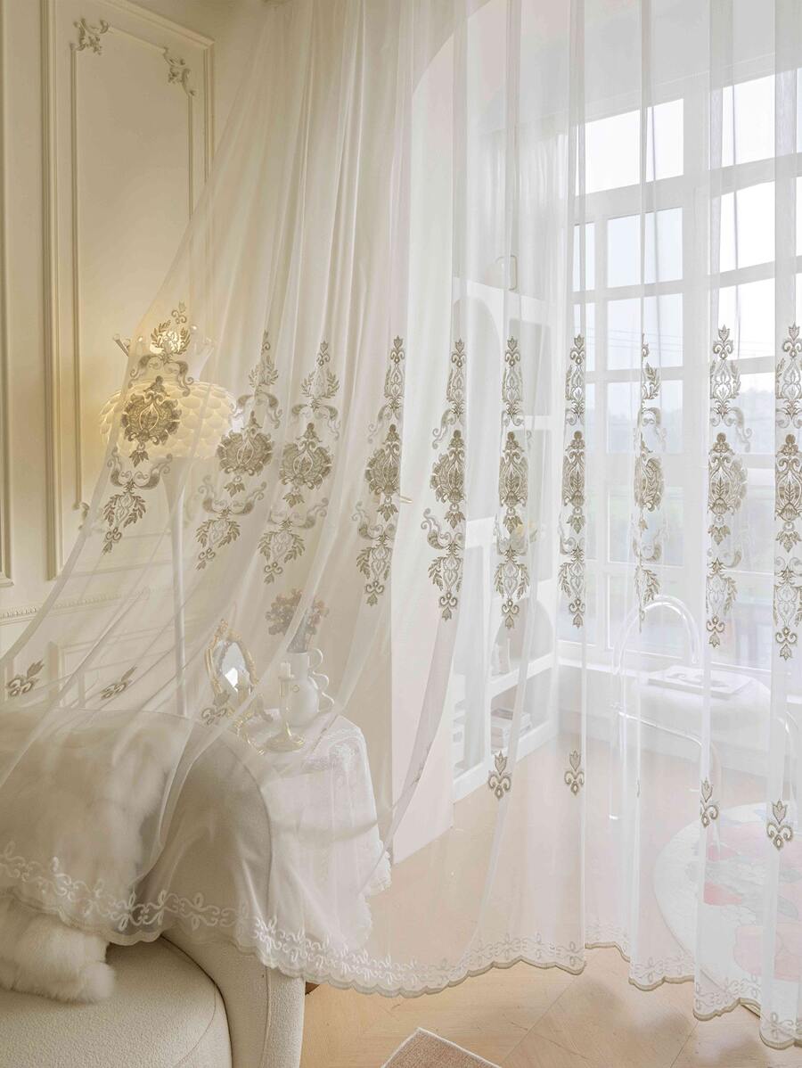 1pc Floral Embroidered Sheer Panel Curtain, European Style Polyester Light Filtering Privacy Sheer Curtain For Home