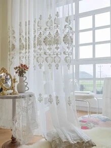 1pc Floral Embroidered Sheer Panel Curtain, European Style Polyester Light Filtering Privacy Sheer Curtain For Home