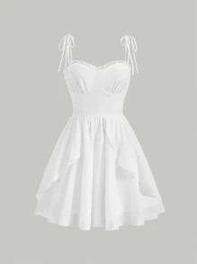 SHEIN MOD Đầm viền lá sen Thắt nút Dây kéo màu trơn Giải trí - trắng - Xem 1