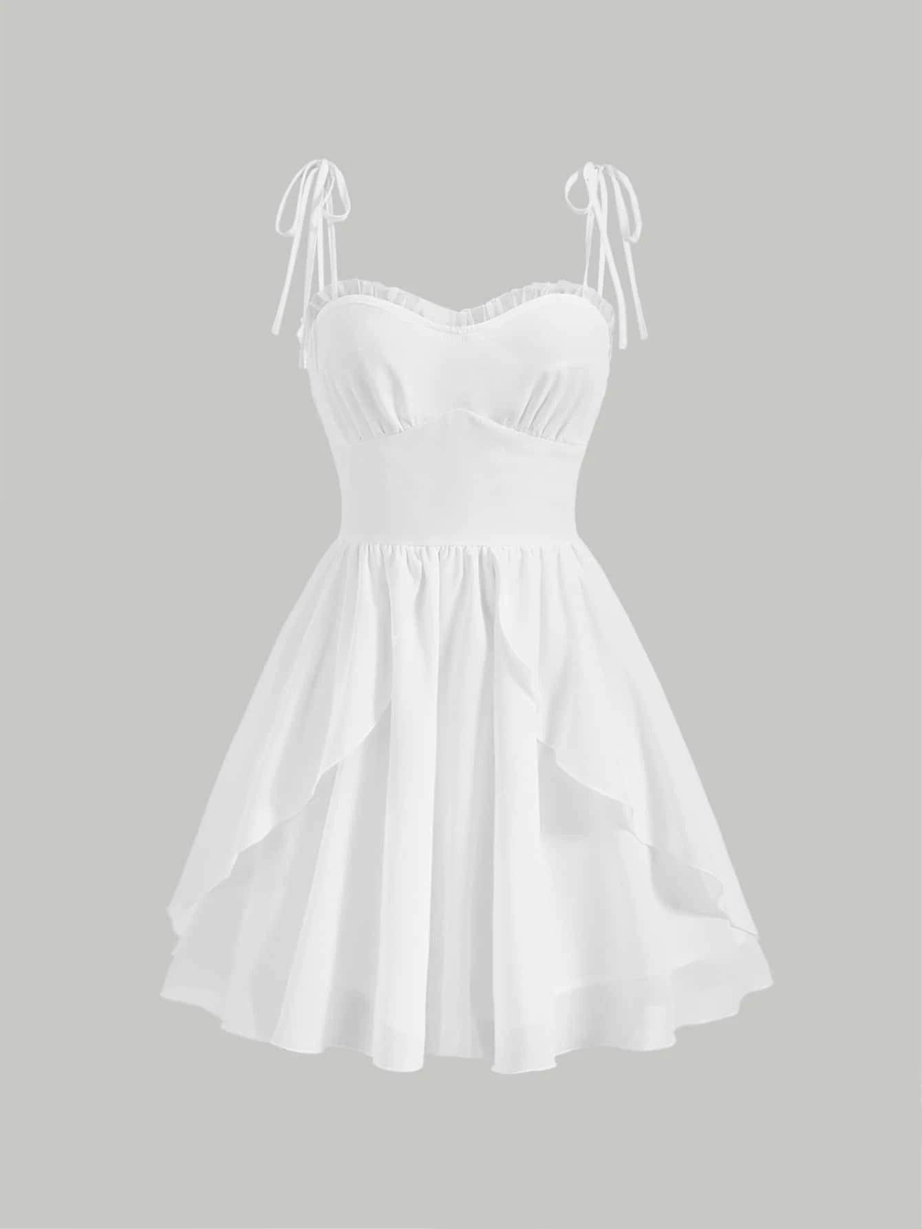 SHEIN MOD Đầm viền lá sen Thắt nút Dây kéo màu trơn Giải trí - trắng - Xem 1