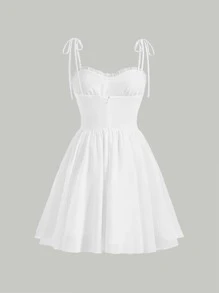 SHEIN MOD Đầm viền lá sen Thắt nút Dây kéo màu trơn Giải trí - trắng - Xem 2