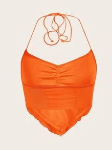 SHEIN ICON 熒光橙褶邊後背繫帶手帕下擺網紗掛脖上衣