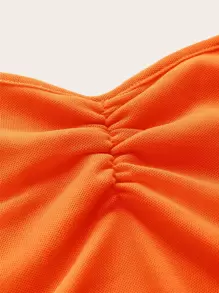 SHEIN ICON 熒光橙褶邊後背繫帶手帕下擺網紗掛脖上衣