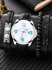 ECONOMICXI 1pc Men Round Pointer Quartz Watch & 3pcs Bracelet - Black - View 1