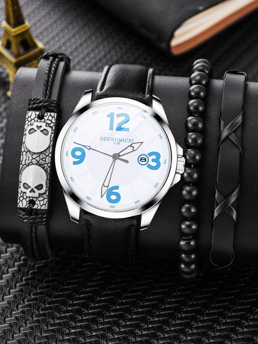 ECONOMICXI 1pc Men Round Pointer Quartz Watch & 3pcs Bracelet - Black - View 1