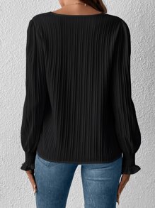 SHEIN Clasi Blusa de manga con volante de cuello V de manga farol - Negro - Ver 2