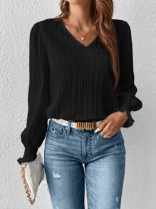 SHEIN Clasi Blusa de manga con volante de cuello V de manga farol - Negro - Ver 5