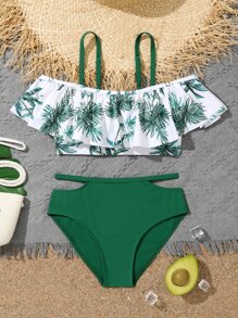 Conjunto de bikini con estampado tropical, recorte y ribete de volantes para niña preadolescente, verano playa - Multicolor - Ver 5