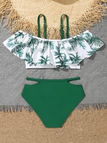Conjunto de bikini con estampado tropical, recorte y ribete de volantes para niña preadolescente, verano playa - Multicolor - Ver 2
