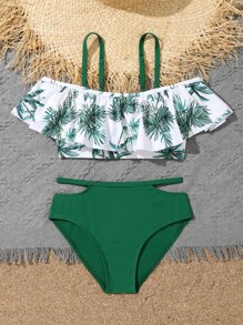 Conjunto de bikini con estampado tropical, recorte y ribete de volantes para niña preadolescente, verano playa - Multicolor - Ver 1