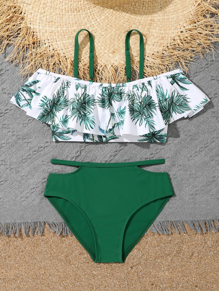 Conjunto de bikini con estampado tropical, recorte y ribete de volantes para niña preadolescente, verano playa - Multicolor - Ver 1