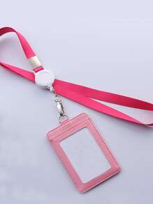 1pc Plain Card Cover With Lanyard - Pink - View 1