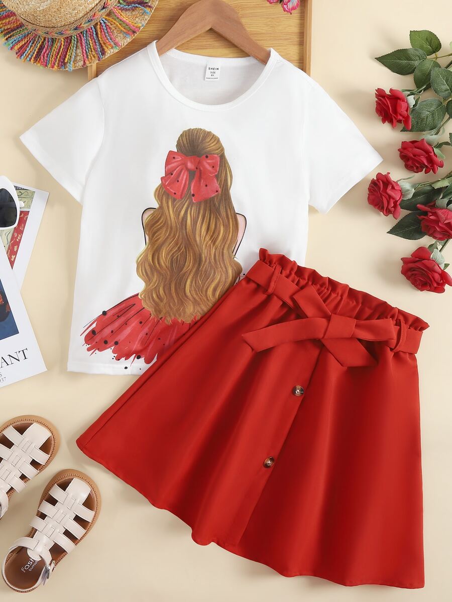 青少女圖形t卹和紙袋腰帶裙