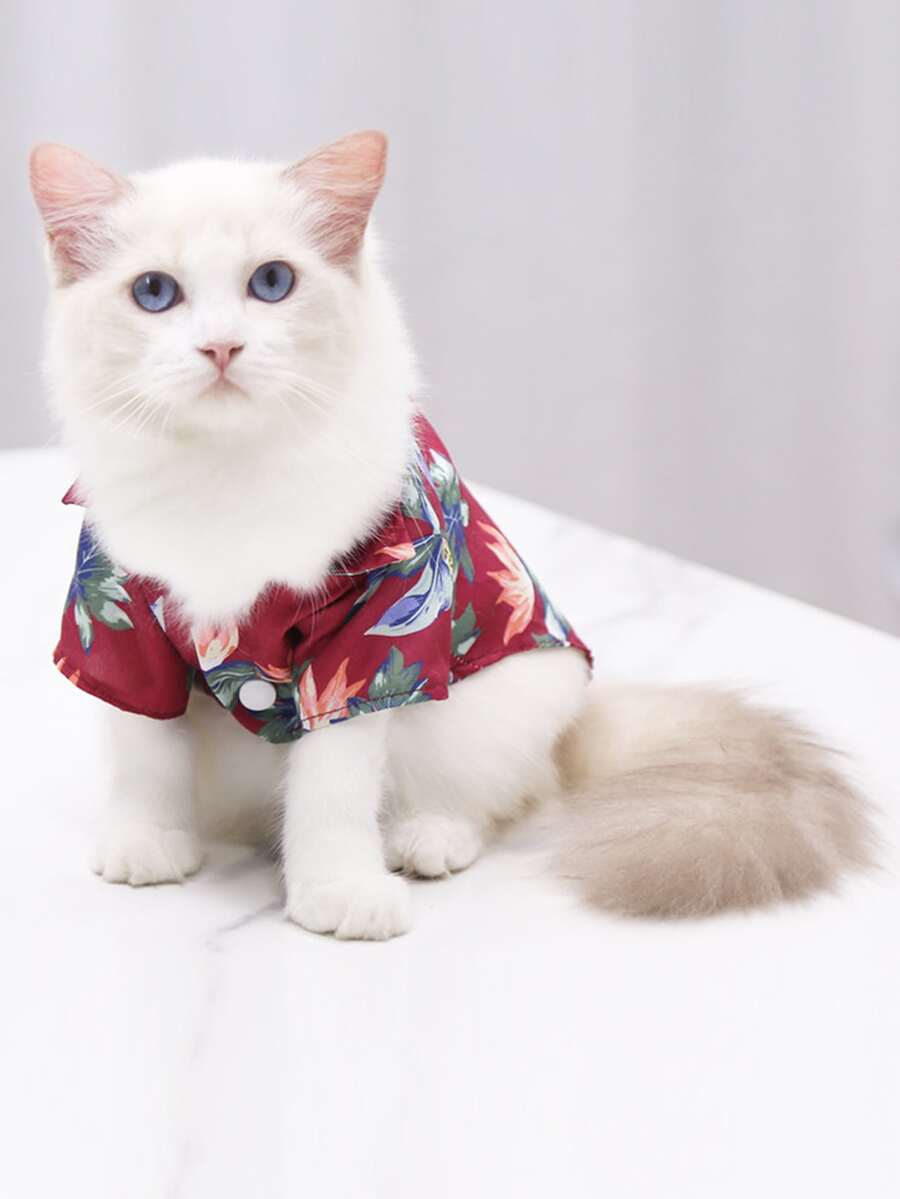 1pc Leaf Print Pet Shirt - Red - View 1