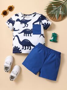 Baby Boy Dinosaur Print Patched Pocket Tee & Shorts - Blue and White - View 1