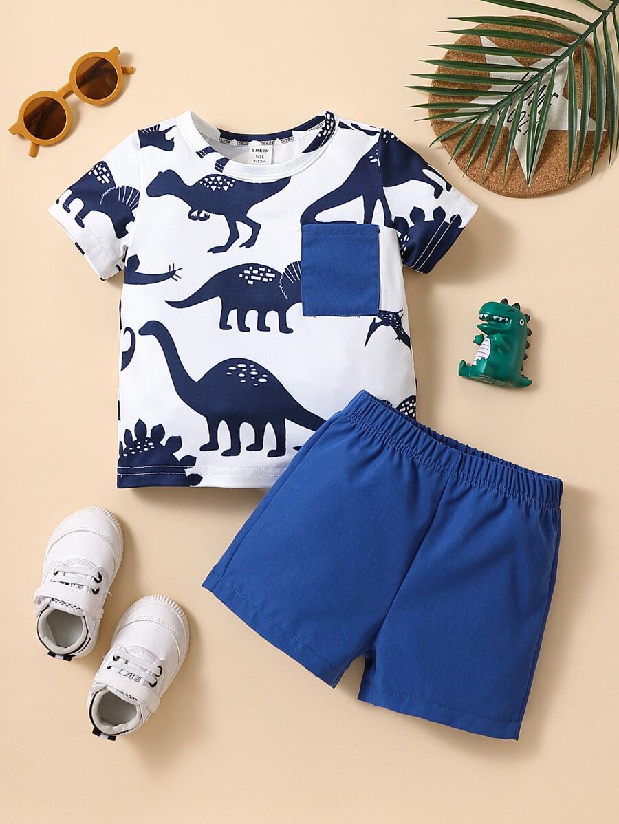 Baby Boy Dinosaur Print Patched Pocket Tee & Shorts - Blue and White - View 1