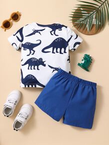 Baby Boy Dinosaur Print Patched Pocket Tee & Shorts - Blue and White - View 2